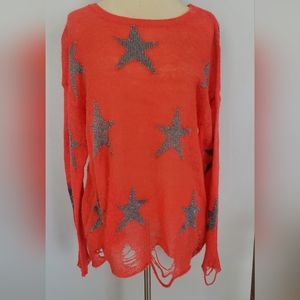 Wildfox couture seeing stars distressed sweater orange gold stars  size xs